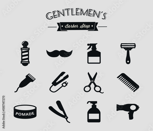Set of black silhouettes of barber tools with barbershop logo. Vector on a gray background