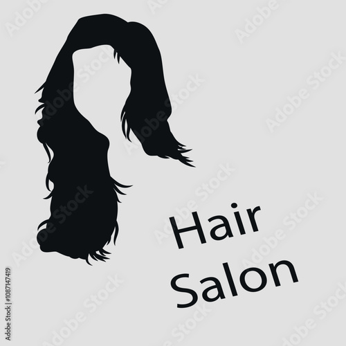 Black logo of a women's hairdressing salon. Woman's hairstyle. Long hair on the background. Vector on gray background