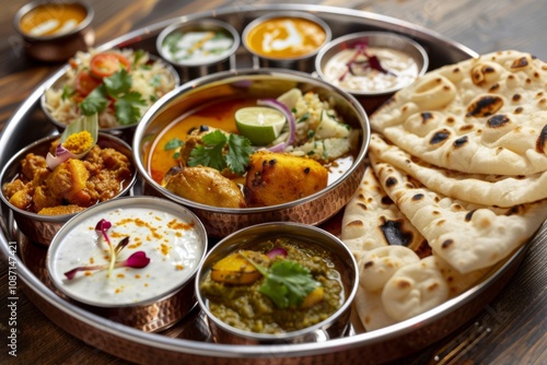 A Traditional Indian Thali Featuring a Variety of Dishes, Including Lentils, Vegetables, Rice, Bread, and Sauces Served on a Stainless Steel Plate