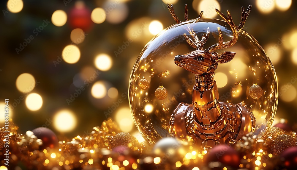 Amber-hued robotic deer in glass globe with golden Christmas garlands Amber-hued robotic deer in glass globe with golden Christmas garlands
