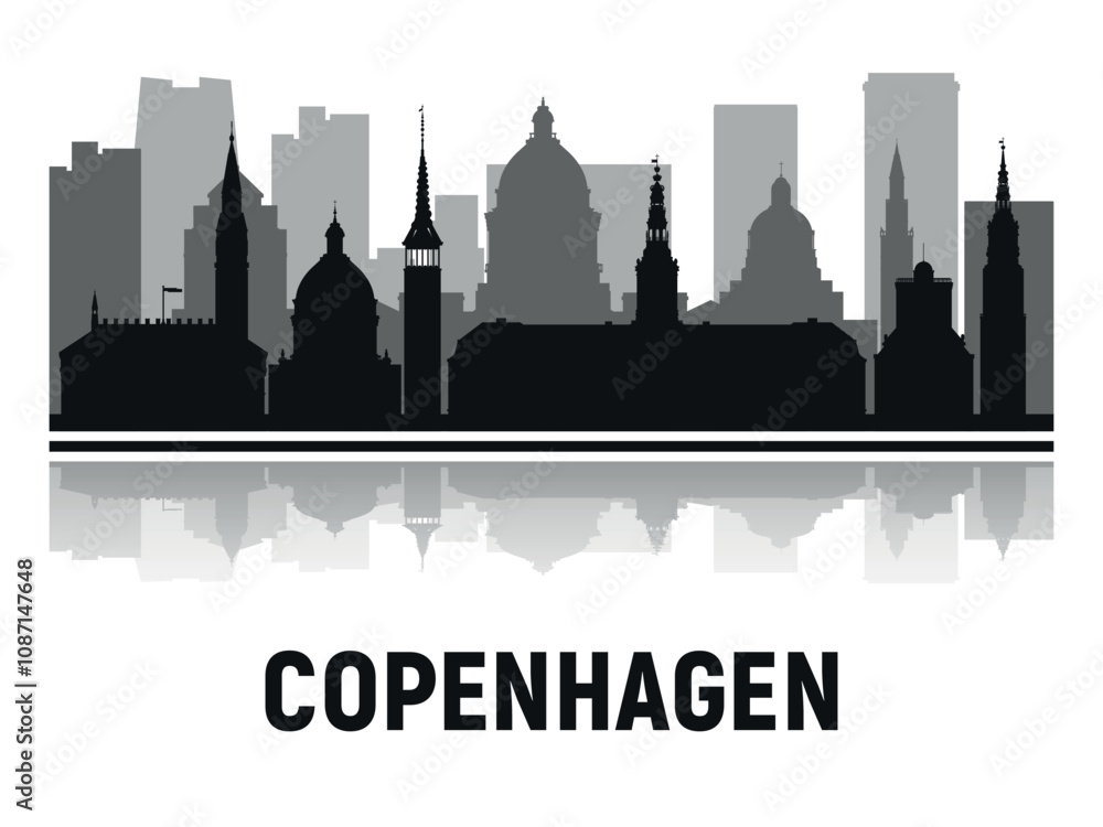 Naklejka premium Black and white silhouettes of Copenhagen city skyline with reflection in the water. Vector on gray background