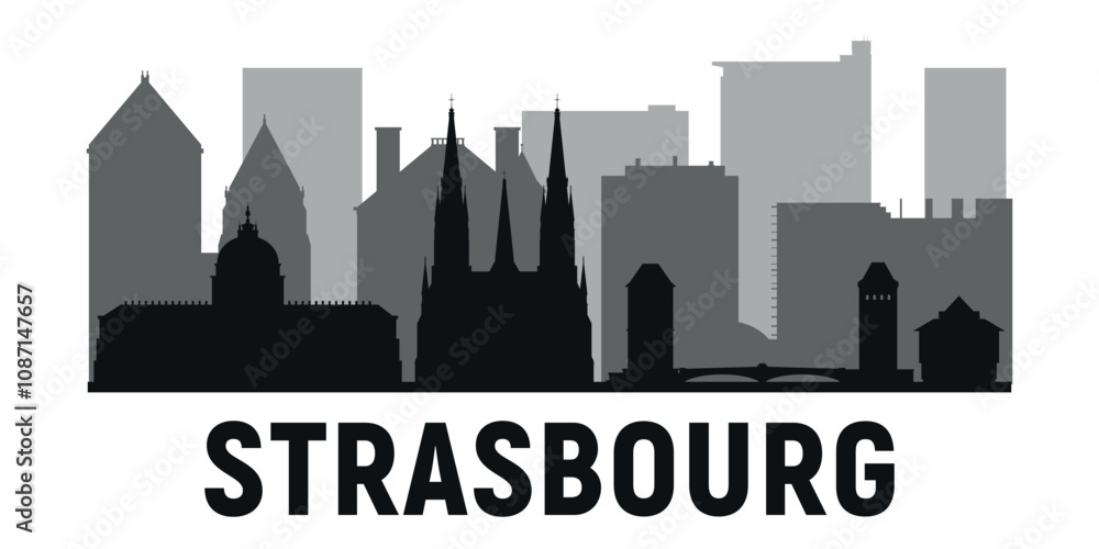 Black and white silhouettes of the towers of Strasbourg city skyline with reflection in the water. Vector on gray background Black and white silhouettes of the towers of Strasbourg city skyline with reflection in the water. Vector on gray background