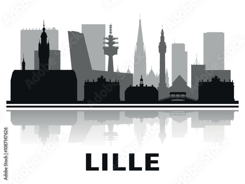 Black and white silhouettes of the towers of the city Lille with the reflection in the water. Vector on gray background