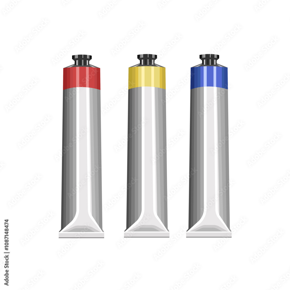 Artistic oil paint in tubes.Red,yellow,blue color isolated on a white background.Vector set for creative designs. Artistic oil paint in tubes.Red,yellow,blue color isolated on a white background.Vector set for creative designs.