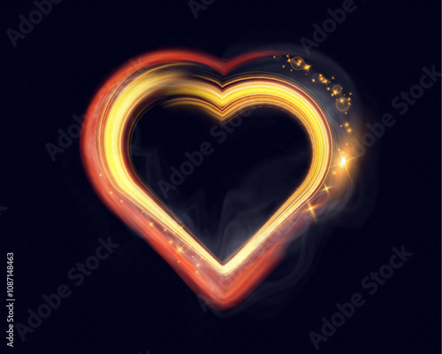 Glowing golden heart shape with light trails, sparkles, and smoky effects on dark transparent background, perfect for romantic, festive, or Valentine's Day themes. photo