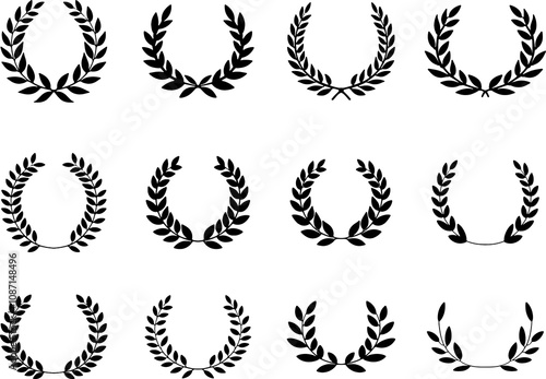 Set of Laurel Wreath Icon Logo Black and White Vector – Award Symbol, Victory Emblem, Achievement Badge, and Classic Winner Design Icons Collection 