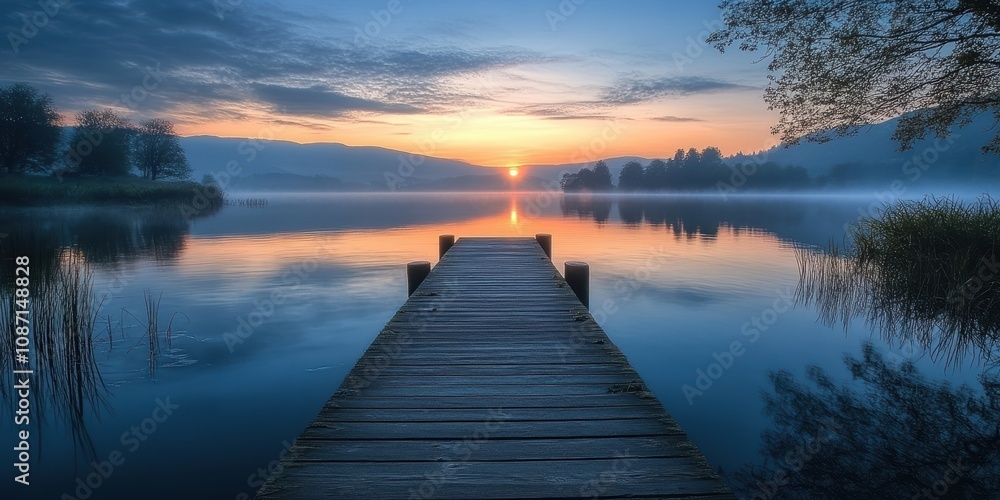 Fototapeta premium A tranquil sunrise over a serene lake with a wooden dock extending into the calm waters, surrounded by misty mountains and lush trees in the peaceful morning light