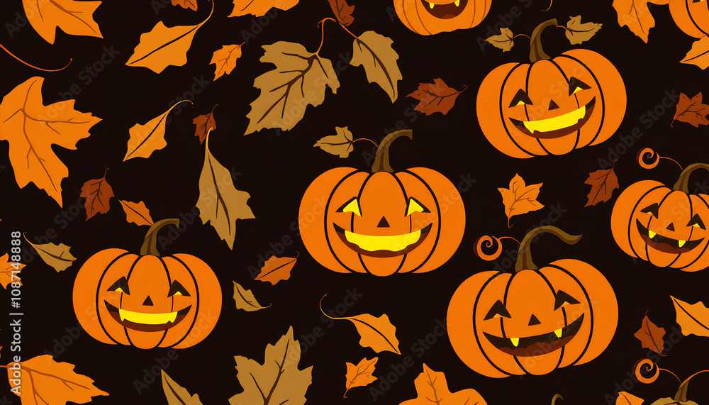 Pattern featuring stylized autumn leaves and pumpkins with Jack-o'-lantern faces on a dark background, representing seasonal Halloween and fall themes. Pattern featuring stylized autumn leaves and pumpkins with Jack-o'-lantern faces on a dark background, representing seasonal Halloween and fall themes.