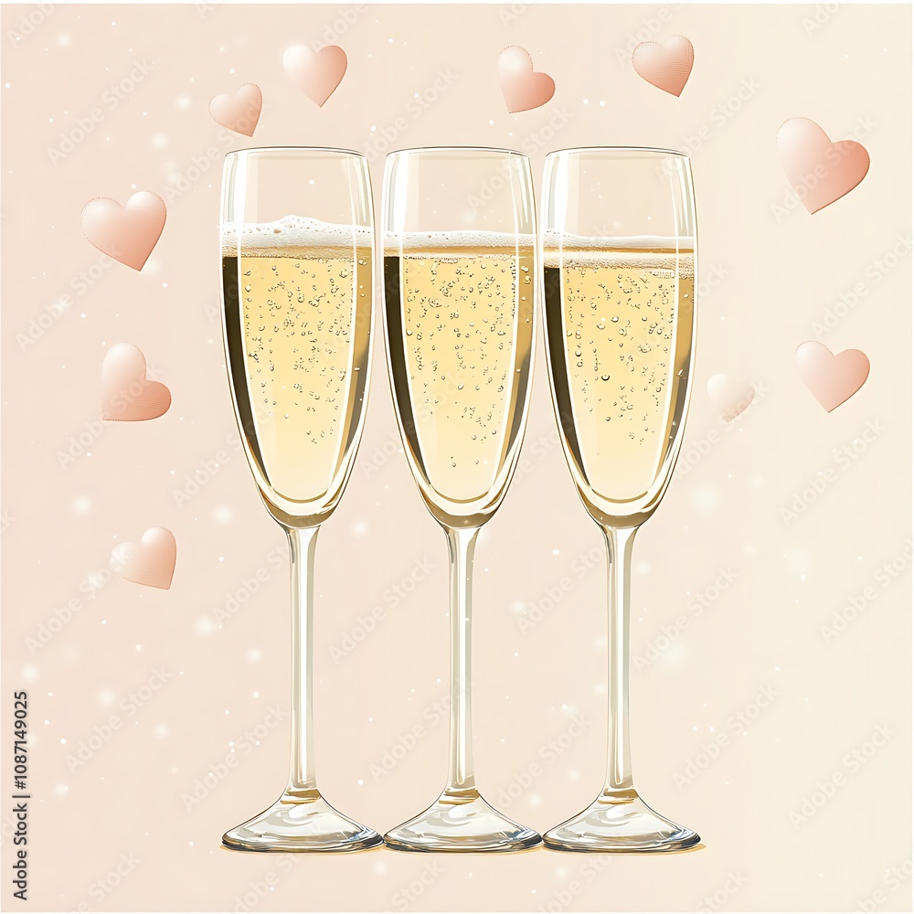 Two Champagne Glasses with Hearts Background Two Champagne Glasses with Hearts Background