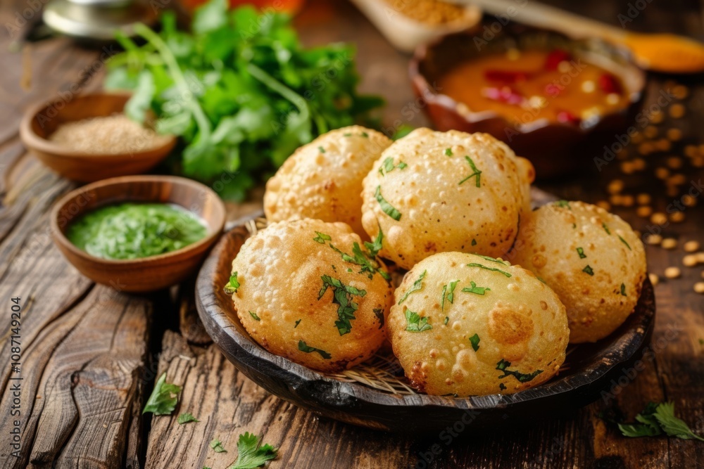 Baked Pani Puri with Fresh Herb Garnish and Accompaniments Served on Rustic Wooden Table for a Healthy Snack Experience Baked Pani Puri with Fresh Herb Garnish and Accompaniments Served on Rustic Wooden Table for a Healthy Snack Experience