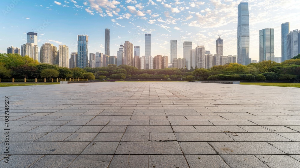 Empty square floor with city skyline background, Urban dreamscape, surreal cityscape vista Empty square floor with city skyline background, Urban dreamscape, surreal cityscape vista