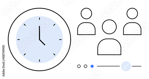 Clock indicating time next to icons of three people, signifying teamwork and efficient time utilization. Ideal for productivity, scheduling, meetings, deadlines, project management, workforce