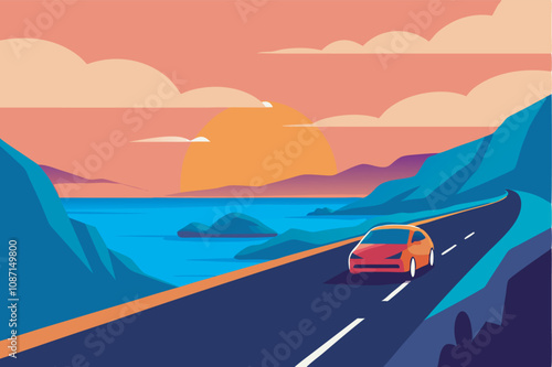 A tranquil picture of a red/orange car by a lake at sunset. Surrounding are steep mountains, blue lake, and colorful sky, conveying peace.