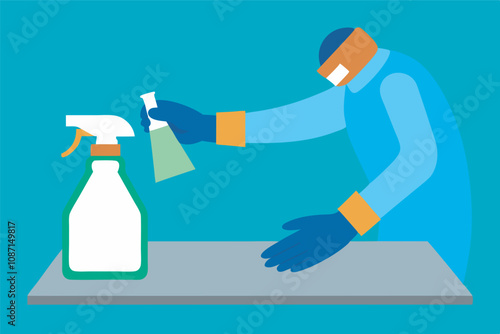 A man in protective gear conducts thorough cleaning with a spray bottle, emphasizing hygiene measures against potential hazards.