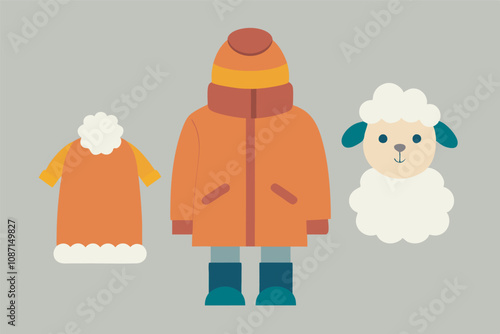 Image showcases a sheep in a cozy orange parka with a cap, next to two woolen suits. Winter theme with focus on warm attire.