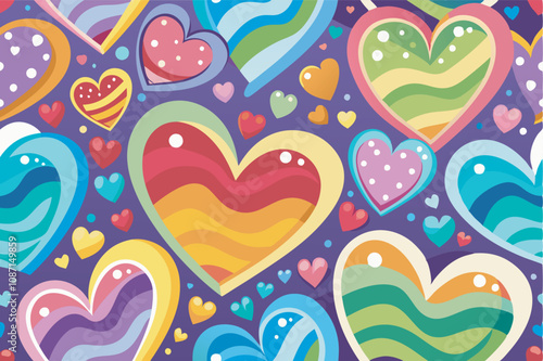 A colorful and vibrant image with various hearts in different sizes and colors on a purple background. Some striped, some with polka dots, creating a dynamic and cheerful visual.