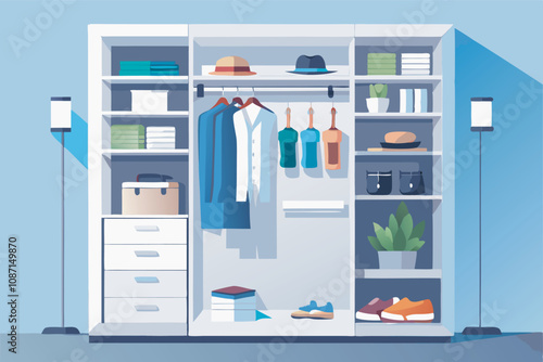 An organized closet with clothing, shoes, and accessories neatly displayed on shelves. Potted plants and neat storage add to the tidy domestic setting.