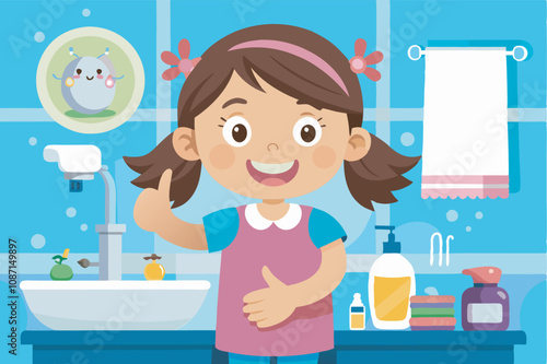 A joyful girl in a colorful bathroom with hygiene products, a clock, and a smiling cartoon cat. Bright and inviting atmosphere with blue tiles and yellow light.