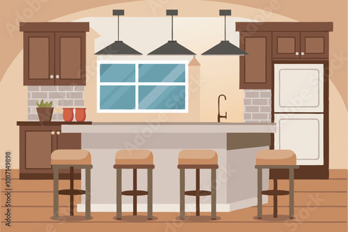 A modern kitchen with gray countertops, brown cabinets, pendant lights, and a cozy dining area. Natural light and personalized touches enhance the warm ambiance.
