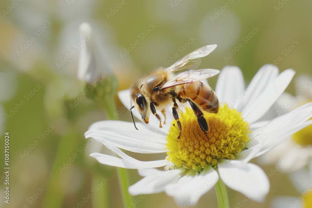 Close-Up of a Honeybee Pollinating a Daisy Flower in a Blurred Garden Setting, Capturing the Beauty of Nature's Tiny Workers in Action