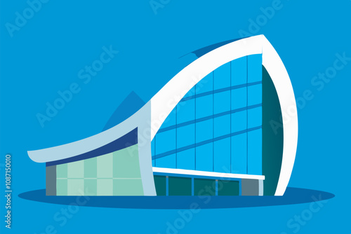 Modern building with curved design, blue glass facade, grid pattern windows, and diverse color palette. Elegance and modernity against deep blue sky. Silhouette of person adds human touch.