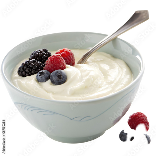 Green bowl of greek yogurt and fresh berries isolated on transparent background