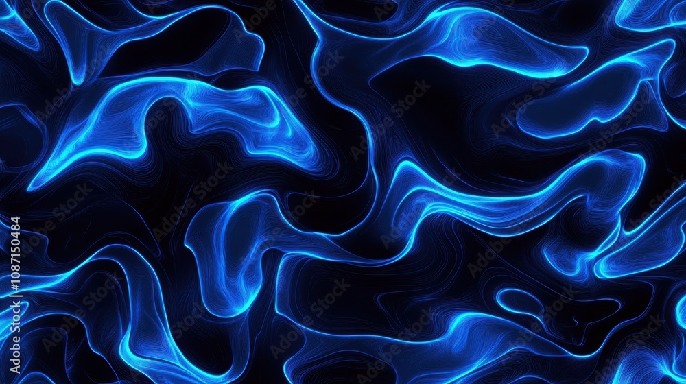 Obraz premium Abstract Blue Waves on Black Background, Fluid Dynamics Creating Vibrant Art, Illumination and Light Play in a Hypnotic Design for Digital Projects and Creative Media