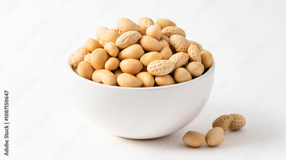 White ceramic bowl filled with light brown peanuts in their shells on a white background, some peanuts scattered outside the bowl White ceramic bowl filled with light brown peanuts in their shells on a white background, some peanuts scattered outside the bowl
