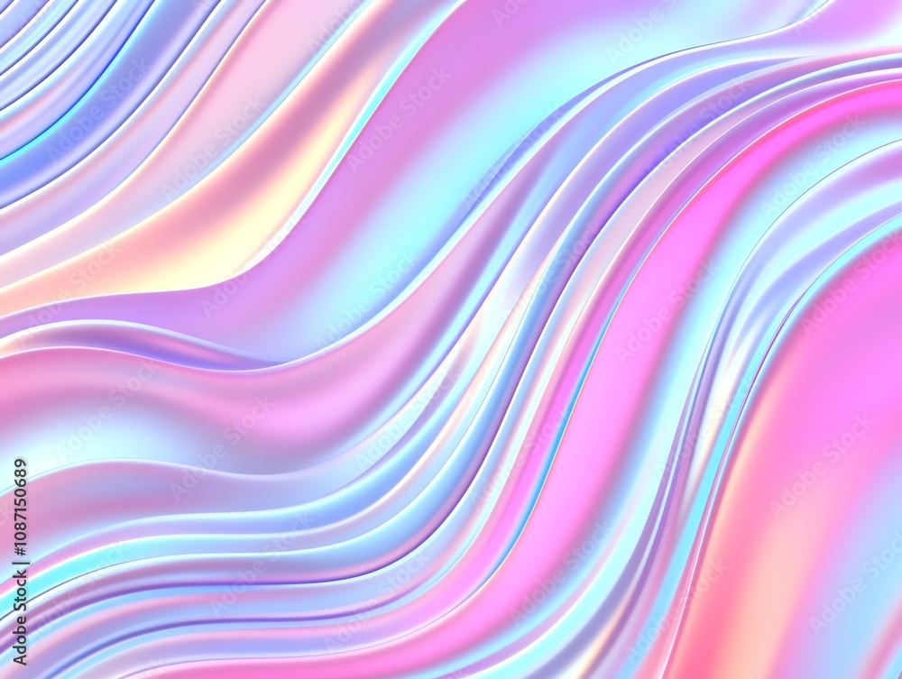Fototapeta premium Abstract iridescent background. Fluid pastel waves in pink, purple, and blue create a dreamy, holographic effect. Perfect for design projects.