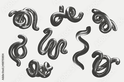 3D set of figures made of silver in form of curved pipes of irregular shape