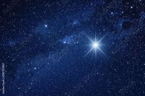 Bright Star Shines in the Vast Night Sky with Twinkling Stars and Cosmic Dust