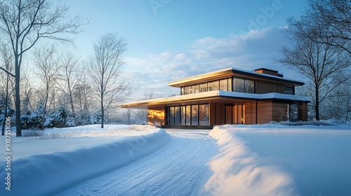 Snowdrifts cleared from driveway of modern single family home after blizzard.