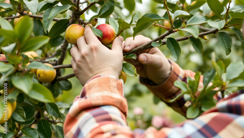 Close-up of a gardener pruning a fruit tree