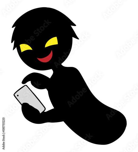 スマホを持った黒色のシルエットの悪人イメージの素材