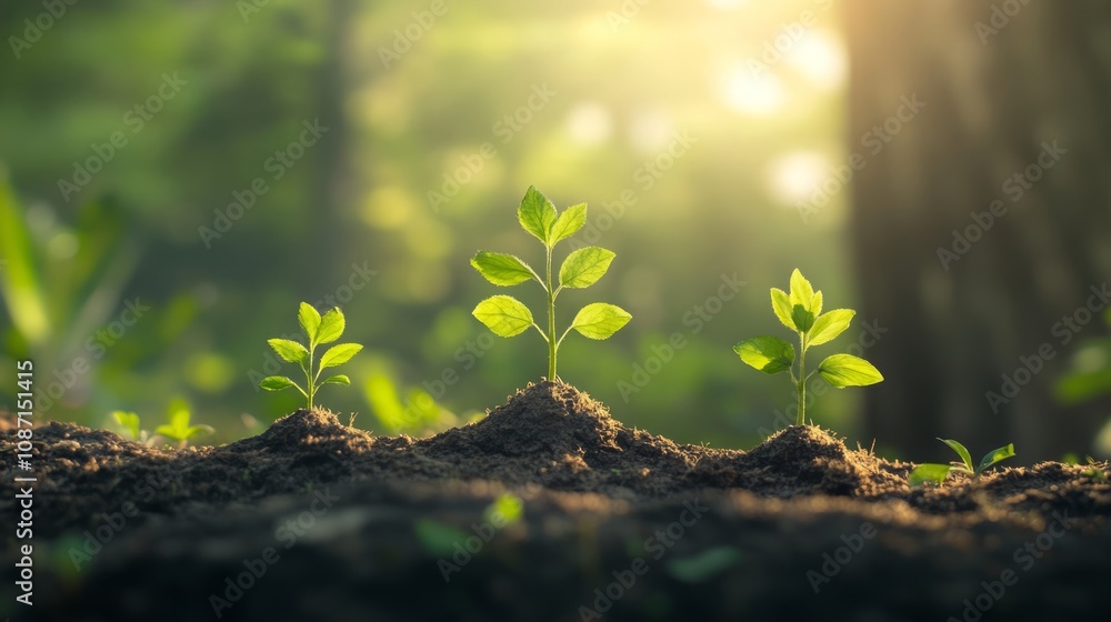 New life rebirth progress. Three young plants emerging from soil in a sunlit forest. New life rebirth progress. Three young plants emerging from soil in a sunlit forest.