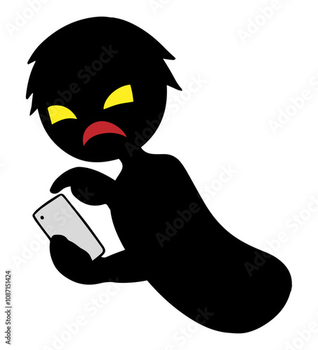 スマホを持った黒色のシルエットの悪人イメージの素材