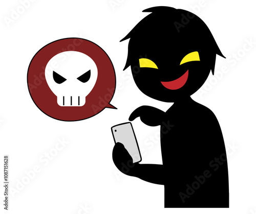 スマホを持った黒色のシルエットの悪人イメージの素材