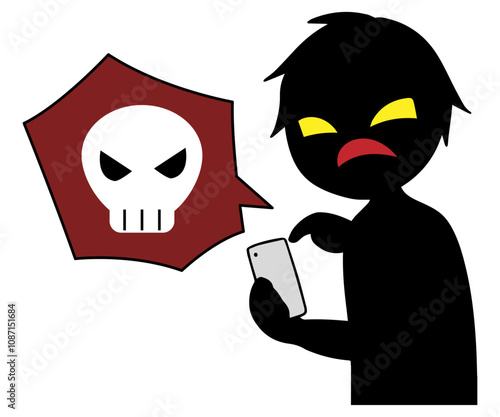 スマホを持った黒色のシルエットの悪人イメージの素材