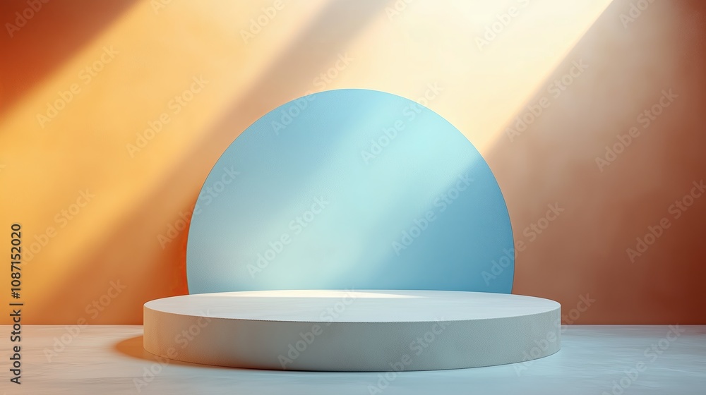 A white pedestal with a blue circle on top of it. The blue circle is surrounded by a white rim. The pedestal is in a room with orange walls A white pedestal with a blue circle on top of it. The blue circle is surrounded by a white rim. The pedestal is in a room with orange walls