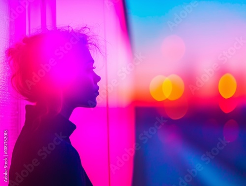 Silhouetted Woman in Vibrant Neon Lighting with Abstract Urban Glow