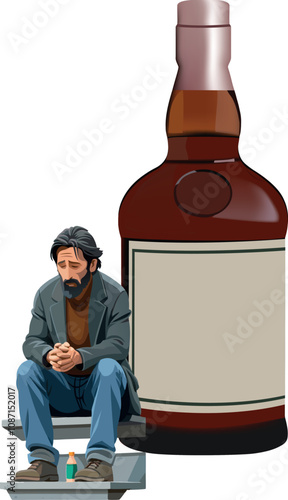 Sad alcoholic man sitting next to giant liquor bottle,