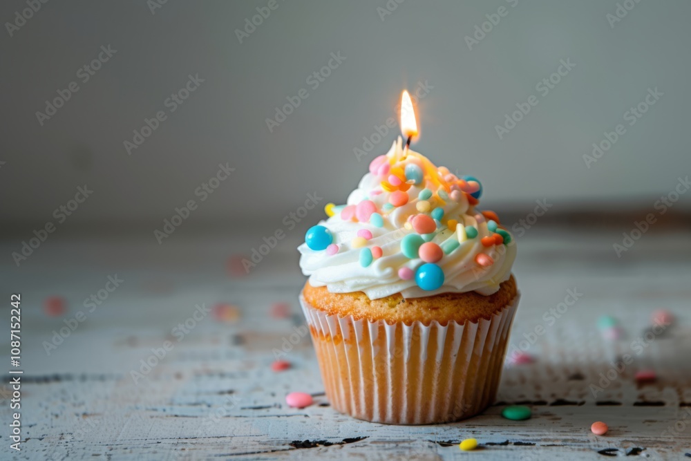 Delightful Birthday Cupcake with Colorful Sprinkles and a Lit Candle Perfect for Celebrating Milestones and Joyous Occasions in a Telephoto Perspective Delightful Birthday Cupcake with Colorful Sprinkles and a Lit Candle Perfect for Celebrating Milestones and Joyous Occasions in a Telephoto Perspective