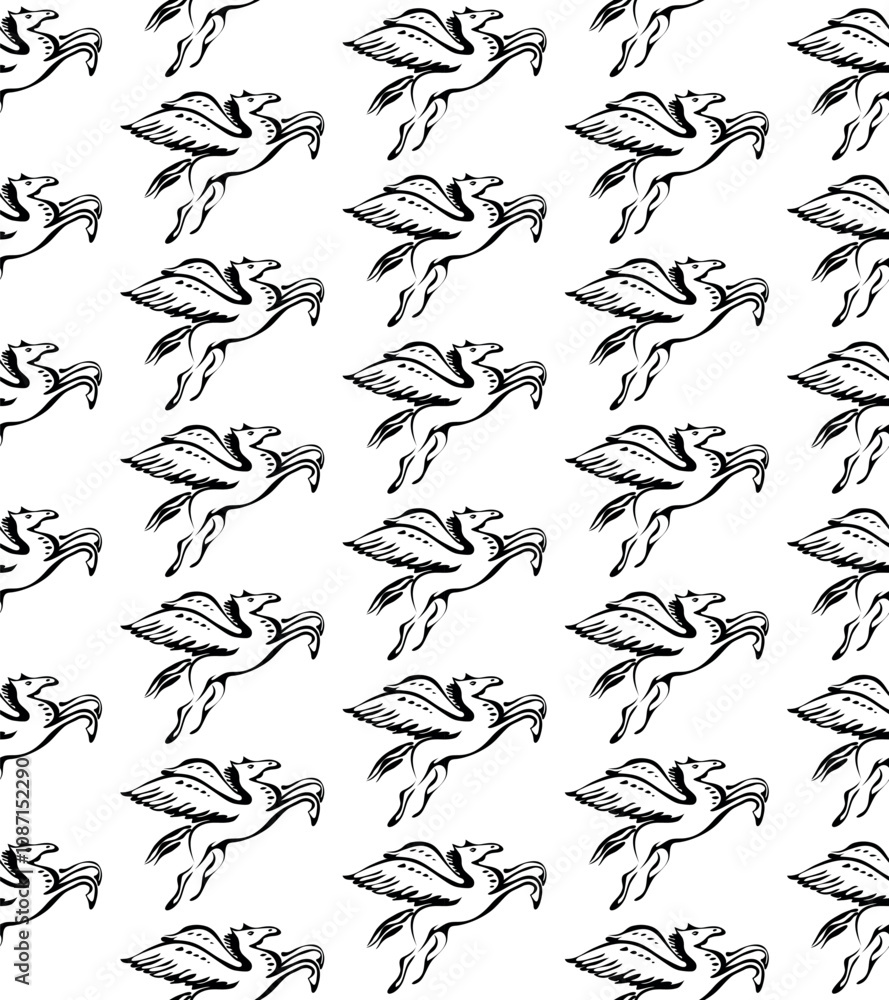 Seamless decorative pattern with Pegasus, winged horse. Seamless decorative pattern with Pegasus, winged horse.