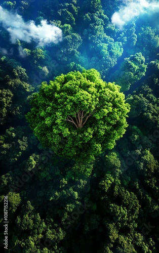 A lush green tree amid dense forest foliage photo