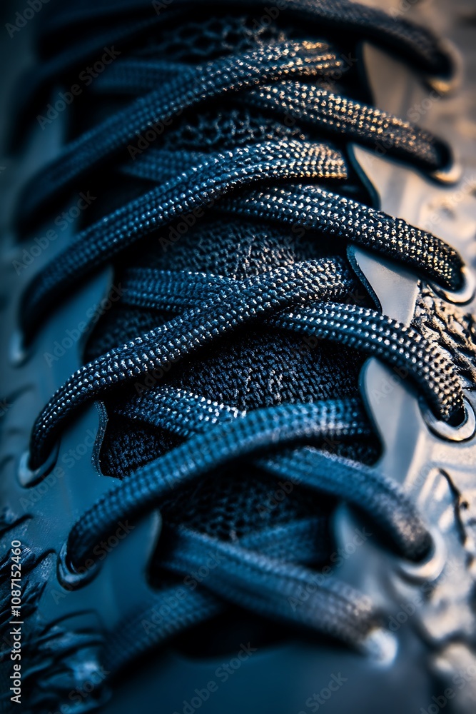 Obraz premium Detailed Close Up Of Dark Blue Shoelaces And Shoe