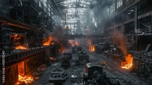 A vast, dimly lit workshop inside a metallurgical plant, showcasing the industrial process of steel production. The interior of the steel mill reflects the heavy industry environment of a bustling fou photo