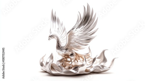 Elegant silver eagle sculpture on a decorative base, white isolate background. photo