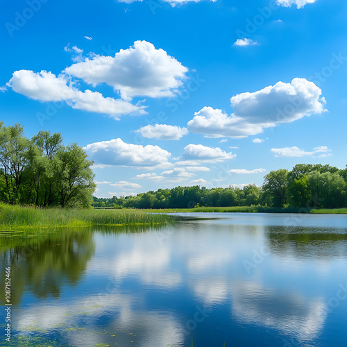 Serene Landscape with Calm Water, Lush Green Trees, and Reflective Clouds Under a Bright Blue Sky in a Tranquil Natural Environment