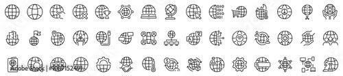 Set of 45 outline icons related to globe. Linear icon collection. Editable stroke. Vector illustration	