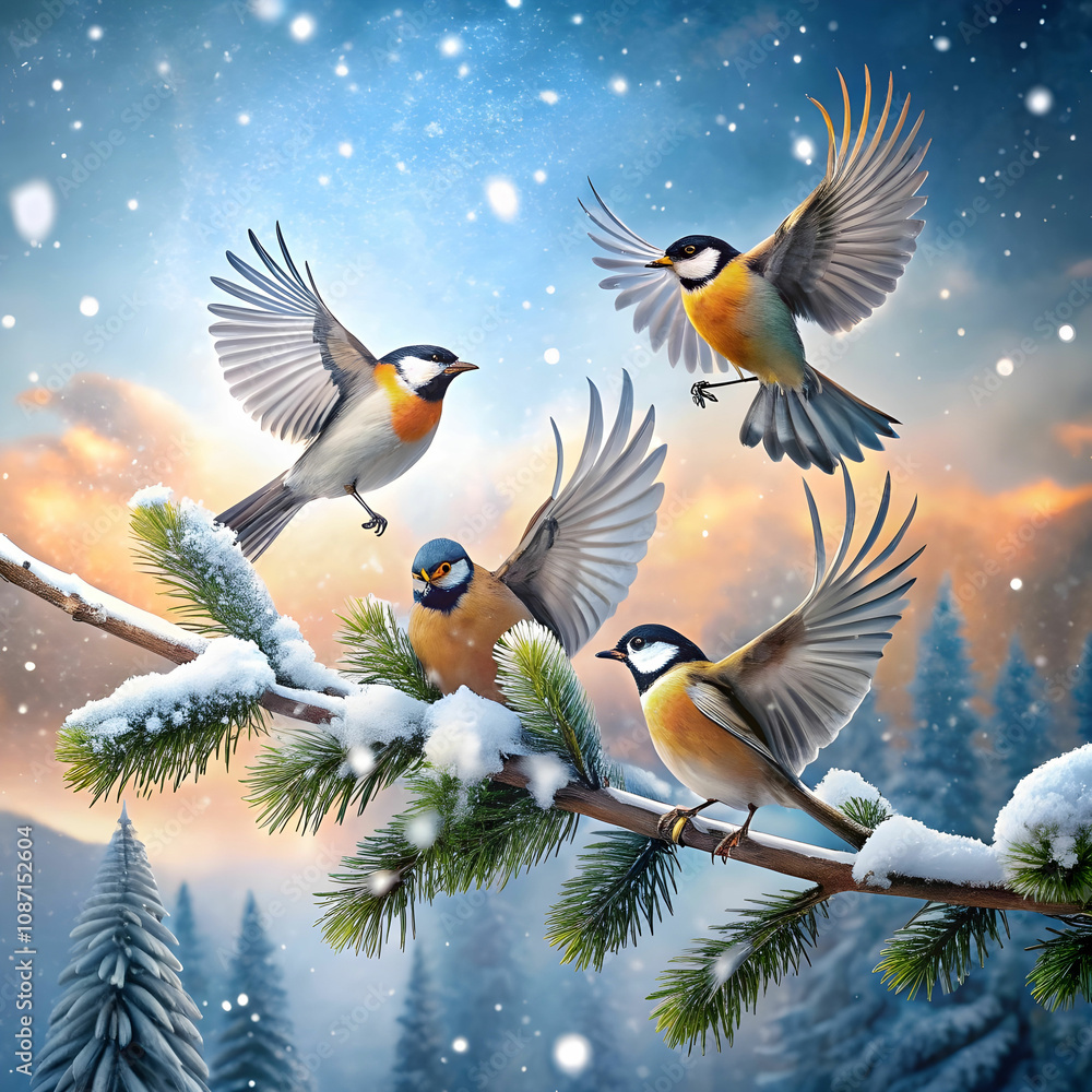 snowy time winter birds flying or holding branch snowy time winter birds flying or holding branch